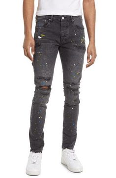 Speckled paint splatters and ripped knees lend streetwear-inspired style to these skinny jeans enhanced with a bit of stretch to move with you. 98% cotton, 2% Lycra® spandex Machine wash, dry flat Imported Asian Founded Paint Splatter Cotton Jeans For Streetwear, Cotton Paint Splatter Jeans For Streetwear, Casual Paint Splatter Jeans For Streetwear, Spring Streetwear Jeans With Paint Splatter, Fitted Cotton Bottoms With Paint Splatter, Spring Fitted Jeans With Paint Splatter, Casual Fitted Jeans With Paint Splatter, Fitted Denim Jeans With Paint Splatter, Fitted Paint Splatter Denim Jeans