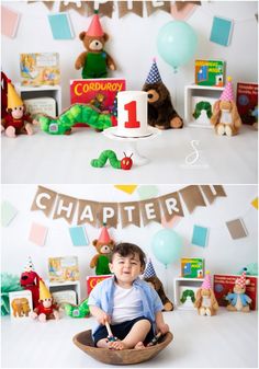 a baby boy sitting in a bowl with his first birthday cake and balloons behind him