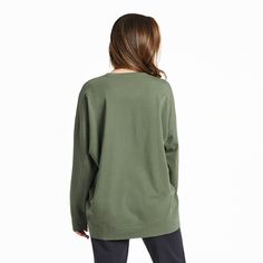 Be prepared to wear this one on repeat. It’s THAT comfy. With a roomy oversized fit and a super-soft feel, it’s the perfect sweatshirt for those days when you just want to lounge around the house or layer over a tee in cooler temps. And with extra coverage, it’s the perfect pairing with leggings or jeans. 92% USA Grown Cotton / 8% Spandex 7.08 oz. Mid-weight cotton/spandex jersey, garment washed for softness. Generous fit with great coverage. Self-fabric crew neck, cuffs, and banding at hem. Dro Oversized Long Sleeve Athleisure T-shirt, Oversized Comfortable Tops, Oversized T-shirt With Ribbed Cuffs For Loungewear, Oversized Drop Shoulder Comfortable Tops, Comfy Oversized Tops For Everyday, Comfy Oversized Everyday Tops, Oversized Comfy Tops In Solid Colors, Comfy Oversized Solid Color Tops, Oversized Drop Shoulder Relaxed Sweater