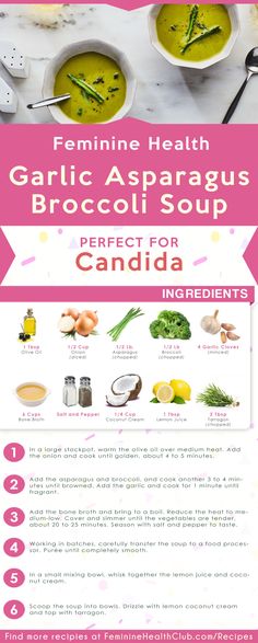 the ingredients for garlic asparagus broccoli soup are shown in pink and white