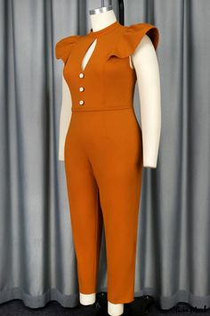 Olivia Mark - Chic Jumpsuit with Half Turtleneck and Patchwork Design Orange Fitted Elegant Jumpsuit, Elegant Fitted Orange Jumpsuit, Elegant Fitted Orange Jumpsuits And Rompers, Orange Jumpsuits And Rompers For Work, Fitted Orange Jumpsuits For Work, Fitted Orange Jumpsuits And Rompers For Work, Jumpsuit, Pattern, Design