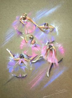 four ballerinas in pink and white tutu skirts are dancing on the floor