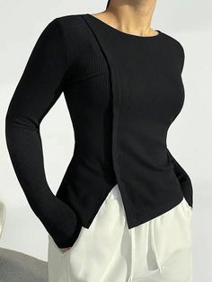 Black Casual Collar Long Sleeve Rib knit Plain  Embellished High Stretch  Women Plus Clothing Tight Sweater, Looks Chic, Long Sleeve Knit Tops, Looks Style, Mode Inspiration, Long Sleeve Knit, Plus Size Tops, Casual Outfit, Look Fashion