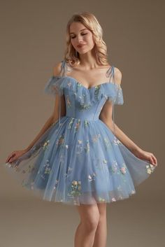 ruffles off the shoulder blue floral A-line short homeoming dress princess dress 2023 Spring Dress With Tulle And Ruffled Straps, Summer Homecoming Dresses With Floral Embroidery, Spring Prom Dress With Ruffled Straps, Blue Prom Dress With Ruffled Straps, Blue Off-shoulder Homecoming Dress, Spring Tulle Dress With Spaghetti Straps, Spring Homecoming Dress With Spaghetti Straps, Spring Homecoming Dresses With Ruffled Straps, Blue Tulle Dress For Summer