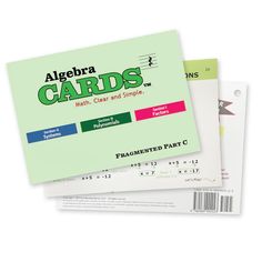 three different colored cards on top of each other with the word, algebra cards