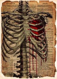 a skeleton with blood dripping from it's ribs on top of an old book page