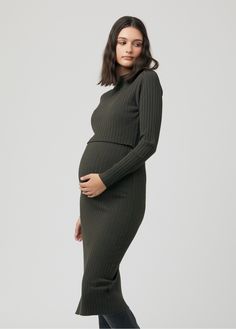 Before or after babe? You decide. This classic long-sleeve knit maternity dress features comfy, stretchy ribbing that grows with your tummy then shrinks right back once you’re no longer carrying your little one. Plus, Ripe thought of the nursing moms, too, with a discrete lift-up top. We love a good staple mom dress! 72% viscose / 28% nylon Cold hand wash separately. Do not bleach, soak, rub, or tumble dry. Gently pull to shape and dry in shade. Cool iron under protective cloth. Store folded - d Nursing Sweater, Tiffany Rose, Maternity Midi Dress, Party Kleidung, Pregnancy Stages, Stylish Maternity, Nursing Dress, Knitwear Dress