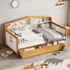 a child's bed with storage underneath it