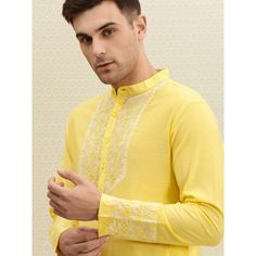 Yellow Dabka Kurta For Eid, Long Sleeve Cotton Bandhgala For Eid, Yellow Bandhgala With Chikankari Embroidery, Yellow Long Sleeve Bandhgala With Chikankari Embroidery, Yellow Straight Kurta For Eid, Cotton Sherwani With Naqshi For Festivals, Festival Cotton Sherwani With Naqshi, Cotton Long Sleeve Bandhgala For Diwali, Eid Cotton Kurta With Naqshi Embroidery