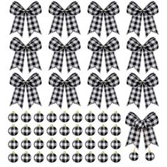 black and white gingham bows with gold trims on each bow, all tied together