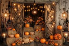 pumpkins and hay bales with lights on the barn wall behind them are lit up by lanterns