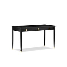 a black desk with two drawers and gold pulls on the bottom drawer, against a white background