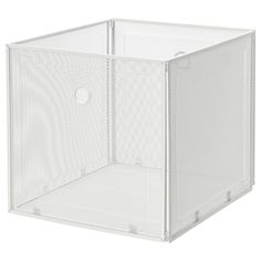 a white plastic storage box with two compartments on the front and one door open to reveal an object inside