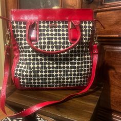 This Kate Spade New York Large Satchel Bag Has Black And White/Cream Polka Dot Design And Beautiful Red Leather Very Stylish Compliments Any Outfit. Kate Spade Handbags, Polka Dot Design, Kate Spade Bag, Kate Spade New York, Satchel Bags, Red Leather, Kate Spade, Satchel, Polka Dots