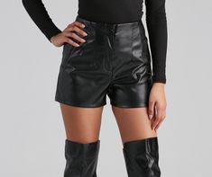 Showcase a sleek look in these trendy-chic faux leather shorts! They feature a high-rise waist. a front zipper closure. faux front pockets. and a cheeky fit. Style these shorts with a cute sweater and mules.Fit & Features High-rise waist Front zipper. hook and bar. and button closure Faux front pockets Cheeky. form-hugging fit Faux leather fabric. minimal stretch Runs true to size Short Cuir, Faux Leather Shorts, Bodycon Tops, Homecoming Outfits, Cute Sweater, Trendy Chic, Faux Leather Fabric, Selling Clothes, Maxi Dresses Casual