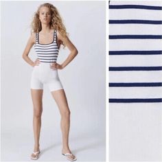 Zara Limitless Contour Collection Seamless Bodysuit Shorts White Navy Size M-L Nwt White Stretch Elastane Bodysuit, White Elastane Bodysuit, Summer Elastane Tank Top, White Stretch One-piece Bodysuit, Summer Seamless Elastane Bodysuit, White Stretch Swimwear Short Length, Stretch Short Tank Top For Summer, Stretch Short Tank Top For Beach, Stretch Beach Tank Top