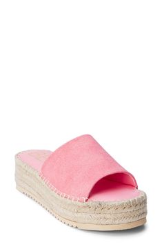 A jute-wrapped platform and whipstitched trim enhance the summery style of this timeless slide sandal. 2" platform Synthetic upper, lining and sole Imported Pink Platform Slippers For Beach In Spring, Pink Platform Slippers For Spring Beach Outing, Spring Pink Platform Slippers For Beach, Summer Platform Slides For Beach, Pink Espadrille Sandals For Beach, Pink Espadrille Sandals For The Beach, Summer Slide Wedge Sandals For Spring, Pink Straw Sandals For Summer, Summer Beach Platform Slippers With Woven Sole