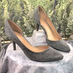 Massini D’orsay Dark Grey Sparkle 2.75” Cutout Heels, Women’s 7.5m, Pointed Toes, Full Length Padded Insoles, Black Ribbed Rubber Soles. Beautiful Clean Brand New Condition Metallic Silver Heels With 4-inch Heel For Formal Occasions, Silver Kitten Heels With Padded Heel For Formal Occasions, Silver Pointed Toe Heels With Padded Heel, Elegant Silver Kitten Heels With 4-inch Heel, Chic Silver Kitten Heels For Formal Occasions, Silver Closed Toe Kitten Heels For Formal Occasions, Silver Kitten Heels With Padded Heel For Evening, Formal Silver Almond Toe Kitten Heels, Silver Formal Court Shoes With Padded Heel