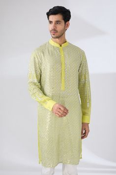 Neon yellow georgette kurta with silver thread and sequin embroidery. Paired with a pant. - Aza Fashions Georgette Kurta, Kurta Pant Set, Sequin Embroidery, Kurta With Pants, Sequins Embroidery, Fashion App, Thread Work, Pant Set, Neon Yellow