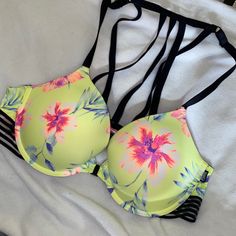 34 B Victoria's Secret "Pink" Neon Yellow Floral Push Up Bra Brand New Without Tags Wear Everywhere Push Up Ties From The Front Clasp Green Stretch Bra For Spring, Spring Green Stretch Bra, Summer Yellow Bra With Comfort Fit, Yellow Summer Bra, Summer Yellow Bra, Spring Floral Print Multicolor Bra, Pink Floral Print Beach Bra, Summer Floral Print Pink Bra, Pink Bra For Spring Vacation