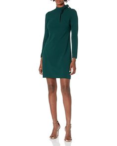 Calvin Klein Long Sleeve Dress With Tie Neck Detail | Zappos.com Calvin Klein Blue Dress, Purple Dresses Formal, 50 Dress, Sleeveless Collared Dress, Business Professional Dress, Calvin Klein Store, Blue Velvet Dress, Dark Green Color, Calvin Klein Red