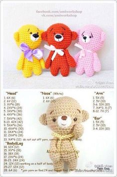 three crocheted teddy bears sitting next to each other in different colors and sizes