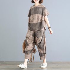 Babakud Casual Loose Plaid Ruched Wide Leg Set 2019 July New One Size Gray Cotton Casual Pants, Pakistani Fashion Casual, Neck Crop Top, Casual Trousers, Fashion Design Clothes, Casual Sets, Plaid Tops, Trouser Suits, Shirt And Pants