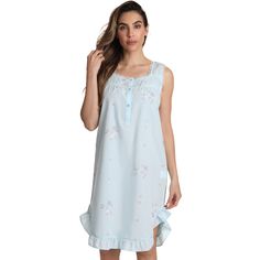 SLEEP TIGHT WITH THIS CUTE AND COMFY NIGHTY Beautiful Touch Slip into bed with a smile on your face! This is more than just a nightie, its a way to brighten up any evening and end every day on a happy note. With its cute button front, pleated detail, pretty floral embroidery, and lovely lace trim, this sleeveless babydoll nightgown makes sleeping or lounging a beautiful affair. Weve complemented all the little smile-sparking details with a floral pattern brought to life with a darling touch of t Light Blue Sleeveless Sleepwear, Night Gown Dress, Babydoll Nightgown, Pink Seersucker, One Piece Clothing, Sleep Tight, Women's Nightgowns, Nightgowns For Women, Sleep Dress