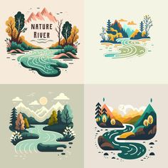 four different mountains and rivers with the words nature river written on them in white letters