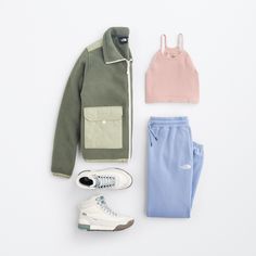 The North Face Women's Half Dome Fleece Sweatpant in Blue. FP Movement by Free People Run Cropped Performance Tank in Blush. The North Face Women's Royal Arch Full Zip Jacket 		 		 		 		 		 		 		 		 		 in Green. Threads 4 Thought Mathilde Waffle Knit Henley Crop Top in White. Stitch Fix Women, 2023 Goals, Dress Appropriately, Stay On Track, Looking Dapper, Athleisure Fashion, Loose Fitting Tops, Perfect Jeans, Dress For Success