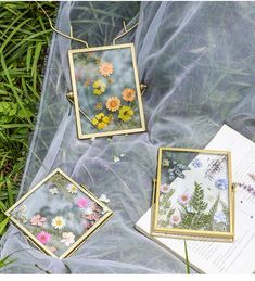 three framed pictures sitting on top of a sheet covered ground next to plants and flowers