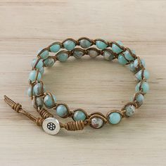 Jasper Beaded Wrap Bracelet in Blue from Thailand - Sky Orbs | NOVICA Floral Pendant Necklace, Turquoise Pendant Necklace, Gemstone Beaded Necklace, Beaded Wrap Bracelets, Beaded Pendant Necklace, Beaded Wraps, Woven Bracelets, Jasper Beads, Lovely Necklace