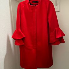 Brand New With Tag. Never Worn. Front Zipper With Pockets, And Fancy Bell Sleeves. Elegant Red Outerwear For Party, Elegant Red Outerwear For Fall, Spring Party Red Outerwear, Red Spring Party Outerwear, Red Long Sleeve Outerwear For Evening, Red Long Sleeve Evening Outerwear, Zara Red Outerwear For Fall, Zara Red Formal Outerwear, Zara Spring Evening Outerwear