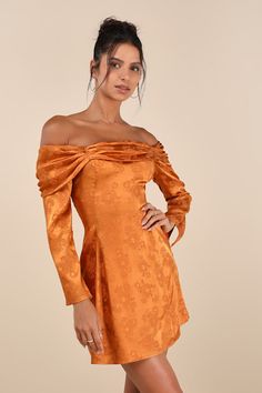 Truly Yours Copper Satin Jacquard Off-the-Shoulder Mini Dress Fall Party Dress, Luxe Dress, Trendy Cocktail Dresses, Burnt Orange Dress, Jacquard Design, Christmas Party Dress, Mini Dress Formal, Adhesive Bra, Dress Orange