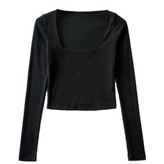 Women Cotton Ribbed Square Neck Crop Top With Long Sleeve[23y 8m 22d] Square Neck Top, Collar Pattern, Neck Crop Top, Solid Clothes, Crop Top Blouse, Black Square, Middle Age, Women Tops, Mandarin Collar