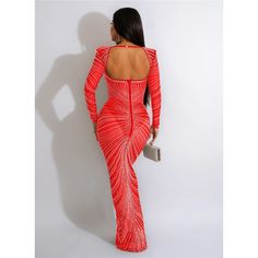 F00202296-505 Fitted Maxi Dress With Rhinestones, Fitted Rhinestone Maxi Dress, Embellished Long Sleeve Stretch Dress, Embellished Stretch Long Sleeve Dress, Long Embellished Red Dresses, Long Red Embellished Dresses, Red Long Embellished Dresses, Maxi Dress Bodycon, Cutout Neckline