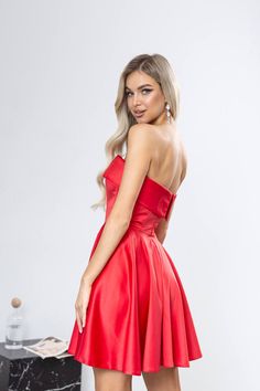 Satin Strapless Flared Mini Dress – One Million Baby Elegant Red Satin Dress For Cocktail, Strapless Satin Mini Dress For Homecoming, Red Satin Strapless Dress For Prom, Satin Strapless Mini Dress For Homecoming, Satin Sleeveless Strapless Dress For Homecoming, Strapless Satin Mini Dress For Prom, Sleeveless Satin Strapless Dress For Homecoming, Backless Satin Mini Dress For Gala, Red Satin Strapless Fitted Dress