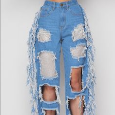 Blue Jeans Light Blue Ripped Denim Bottoms, Light Wash Recycled Denim Bottoms For Fall, Ripped Light Blue Denim Bottoms, Fall Light Wash Recycled Denim Bottoms, Light Blue Denim Jeans For Spring, Light Wash Ripped Recycled Denim Bottoms, Ripped Light Wash Recycled Denim Bottoms, Recycled Denim Bottoms With Frayed Hem For Fall, Spring Denim Bottoms With Fringe