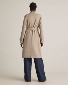 Made from our ultra-wearable stretch crepe, this trench coat will keep you looking polished with its unique wrinkle-resistant properties and sleek silhouette. Try on this timeless style and you'll quickly be impressed with how much of a wardrobe win it is.  | Quince | Women's Stretch Crepe Trench Coat in Morel, Size XS, Recycled Polyester Double-breasted Gabardine Outerwear For Work, Belted Solid Workwear Outerwear, Belted Solid Outerwear For Work, Versatile Office Outerwear With Notch Lapel, Belted Gabardine Outerwear For Work, Solid Outerwear With Belted Cuffs For Work, Gabardine Long Coat For Work, Tailored Belted Outerwear For Workwear, Tailored Versatile Outerwear For Office