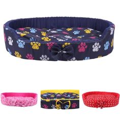 dog bed with bows and paw prints on the front, two different colors are shown