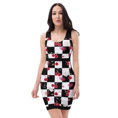 Make a statement and look fabulous in this all-over printed, fitted dress.  * 82% polyester, 18% spandex * Fabric weight: 6.78 oz/yd² (230 g/m weight may vary by 5% * Made with smooth, comfortable microfiber yarn * Material has a four-way stretch * Blank product components sourced from China Retro Cherry, Checker Print, Print Black And White, Dress Clothes For Women, Spandex Fabric, Fitted Dress, Cherry Blossom, Fabric Weights, Sleeveless Dress