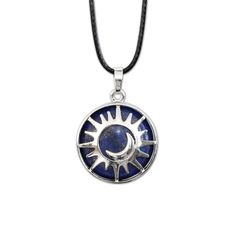 a blue and white necklace with a sun design on the front, hanging from a black cord