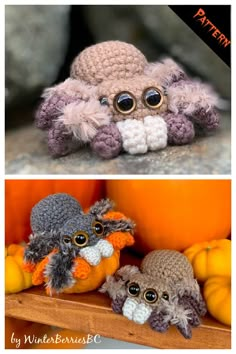 there are two pictures of stuffed animals in the same photo and one has an owl on it