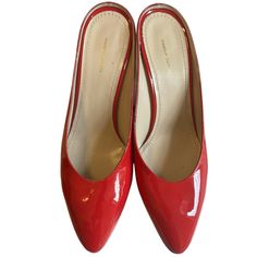 Mansur Gavriel Leather Mules - Made In Italy - Heels Is About 3” - Fits More Us 7 * Never Worn, Just Tried On A Couple Of Times Red Slip-on Office Heels, Red Slip-on Heels For Office, Red Slip-on Formal Heels, Red Slip-on Heels For Formal Occasions, Slip-on Heels With Red Sole For Work, Mansur Gavriel, Leather Mules, Mule Clogs, Mules Shoes