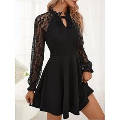 Season:Fall,Spring; Fabric:Polyester; Sleeve Length:Long Sleeve; Look After Me:Wash separately,Wash with similar colours,Wash inside out; Gender:Women's; Style:Gothic,Elegant,Elegant Dress; Elasticity:Micro-elastic; Occasion:Holiday,Daily; Fit Type:Regular Fit; Dresses Type:Black Dress; Pattern:Plain; Design:Lace,Patchwork; Neckline:V Neck; Front page:FF; Listing Date:08/30/2024; Production mode:External procurement; Dress Length Type:Mini Dress; Print Type:non-printing Stretch Mini Dress With Lace Patchwork, Black Stretch Dress With Lace Patchwork, Black Mini Dress With Lace Patchwork For Night Out, Solid Party Dress With Lace Trim, Solid Color Party Dress With Lace Trim, Long Sleeve Mini Dress With Lace Patchwork For Fall, Black Mini Dress With Lace Patchwork, Black Lace Patchwork Party Mini Dress, Black Lace Patchwork Mini Dress For Party