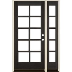 thermaic doors with glass panels and sidelights are shown in black, white and beige