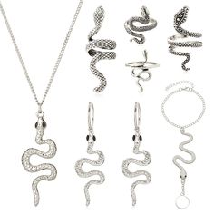 PRICES MAY VARY. SNAKE JEWELRY SET FOR WOMEN: You will receive a snake jewelry set, including a snake necklace, a pair of snake pendant earrings, four snake rings and a snake hand chain bracelet. The whole set of jewelry can meet your daily matching needs and make you noble and elegant. SNAKE PENDANT NECKLACE: Featuring snake designs and cool punk styles, our snake jewelry can make you stand out from the crowd for all occasions. You can wear them to Halloween parties, celebrations, dates, proms, Halloween Medusa, Slytherin Jewelry, Grunge Necklaces, Medusa Headpiece, Medusa Costume, Snake Rings, Hand Chain Bracelet, Necklace Gothic, Snake Pendant