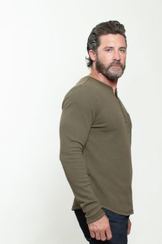 KNITTED HENLEY T-SHIRT IN MILITARY GREEN Feeling Too Much, Back Wash, Henley T Shirt, Base Layer, Military Green, Chest Pocket, Too Much, Men Sweater, Mens Tshirts