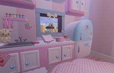 a child's bedroom with pink and blue walls, teddy bear bedding, and toys