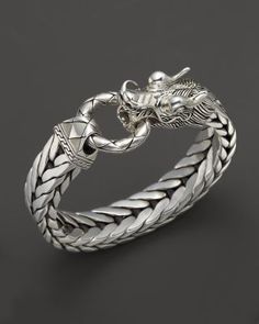 A commanding sterling silver dragon head bracelet from the John Hardy Naga Collection. Necklace Locket, Gold Armband, Dragon Jewelry, Silver Dragon, Dragon Head, John Hardy, A Dragon, Men's Rings, Chains For Men